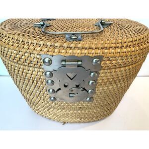 Vintage Chinese Portable Tea Set in Padded Wicker Basket